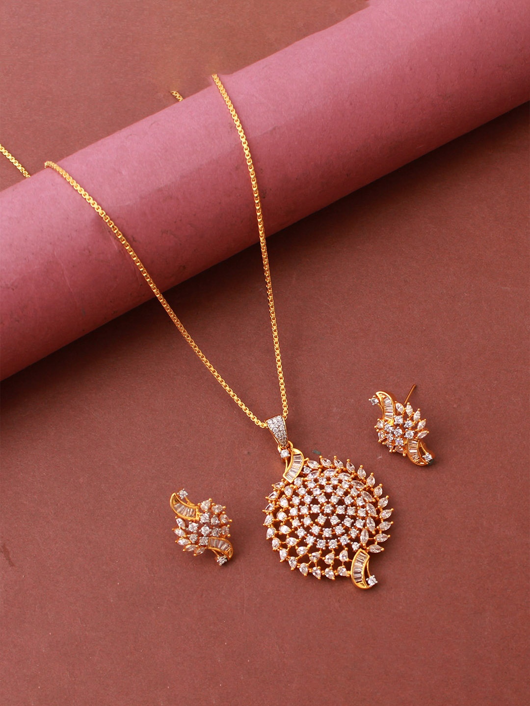 

Mirana Gold-Plated CZ-Studded Pendant With Earrings