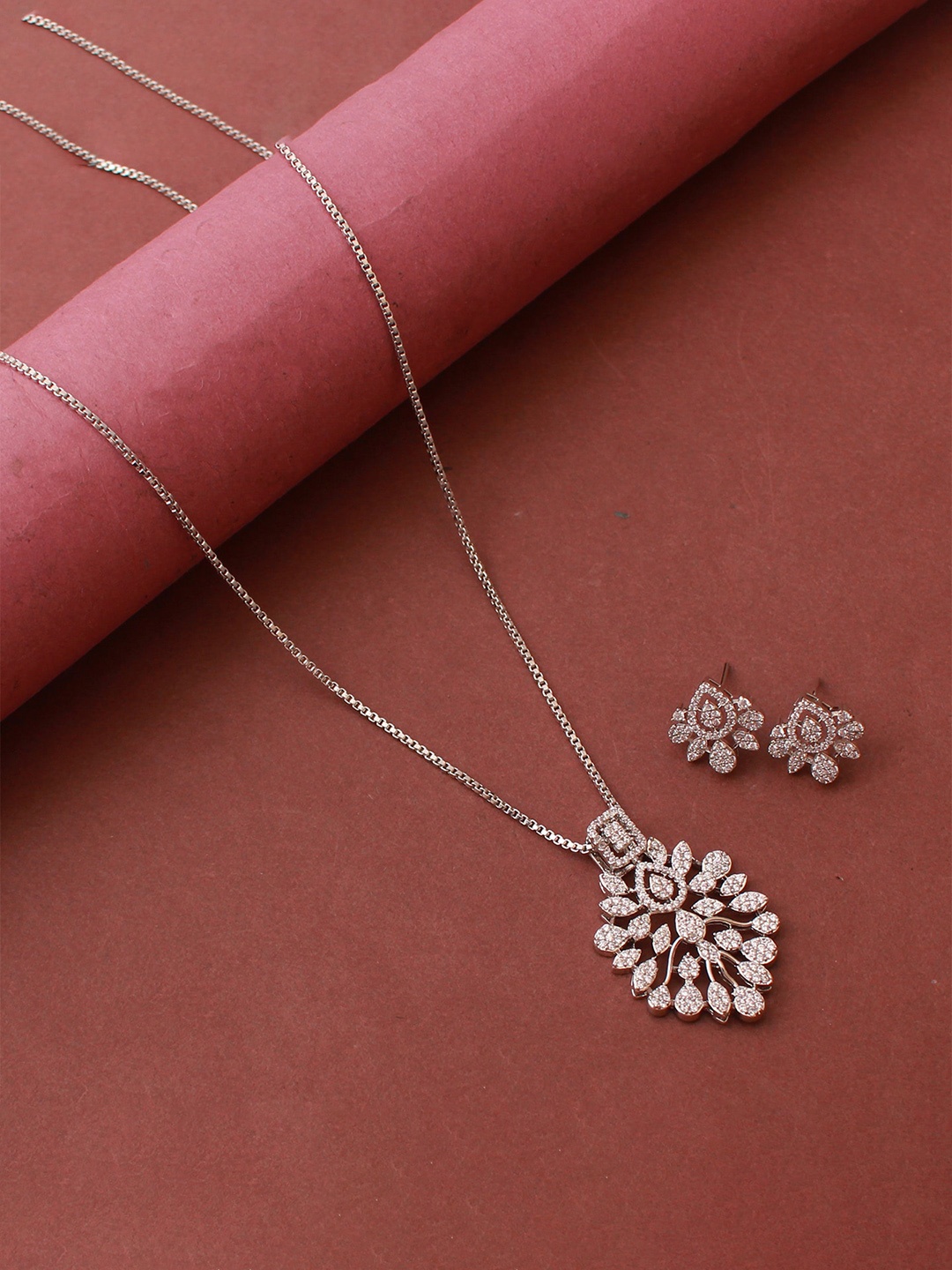 

Mirana Rhodium-Plated CZ-Studded Pendant With Earrings, Silver