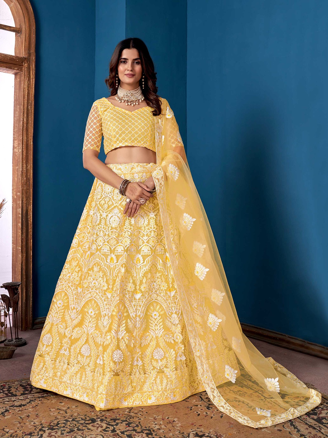 

Panzora Embroidered Thread Work Semi-Stitched Lehenga & Blouse With Dupatta, Yellow