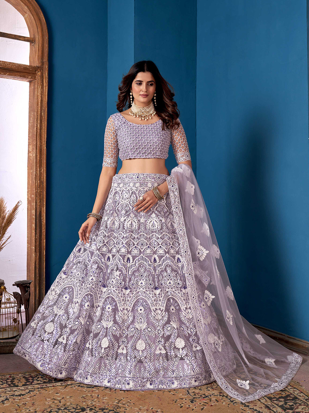 

Panzora Embroidered Sequinned Semi-Stitched Lehenga & Blouse With Dupatta, Lavender
