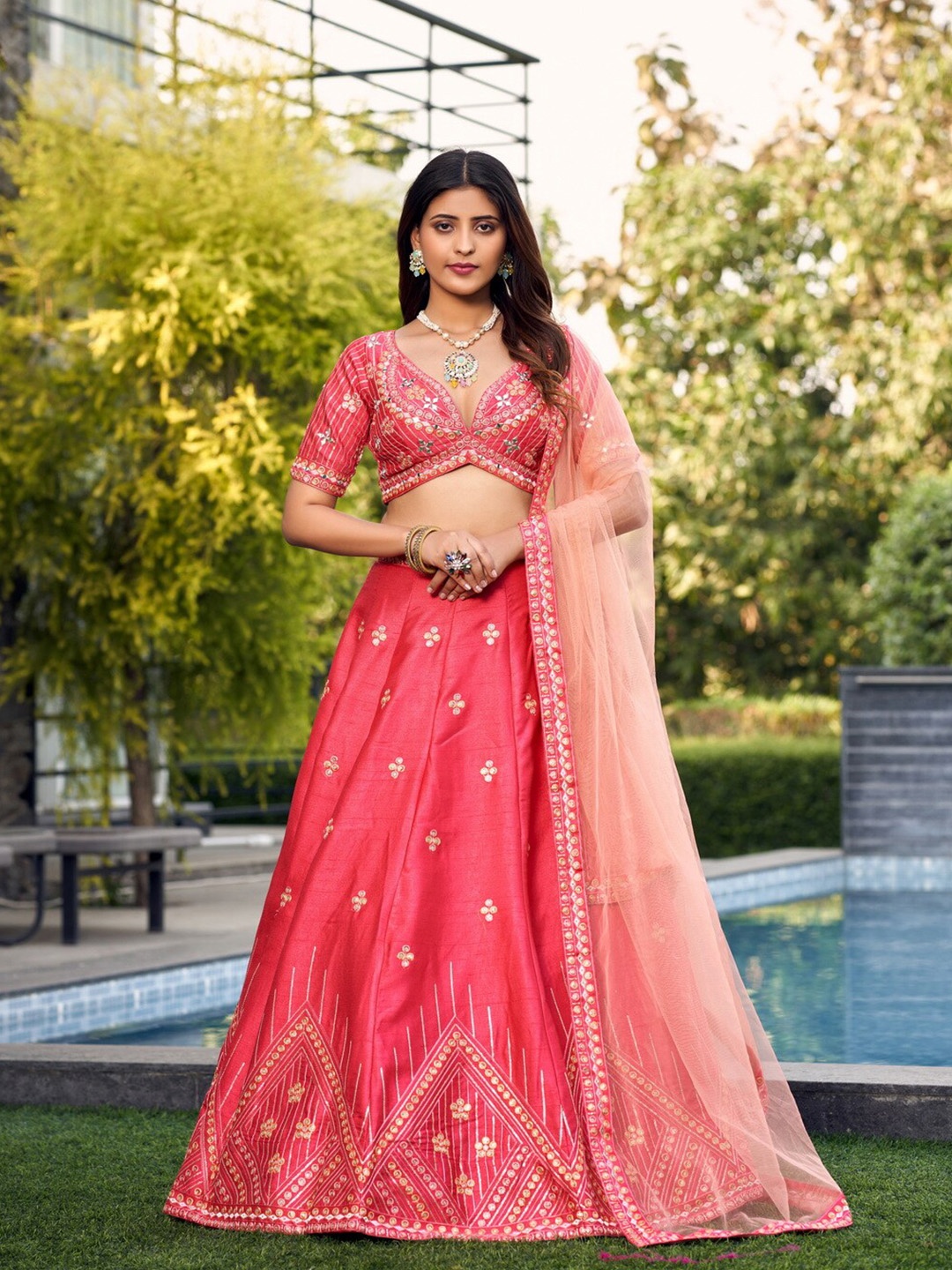 

flaher Embroidered Thread Work Ready to Wear Lehenga & Blouse With Dupatta, Pink