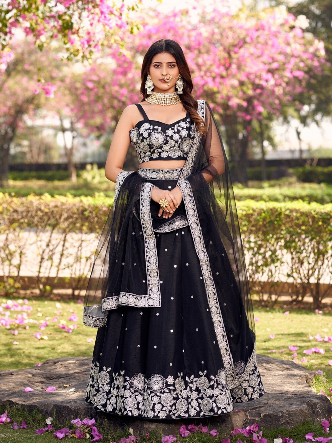 

flaher Embroidered Thread Work Ready to Wear Lehenga & Blouse With Dupatta, Black