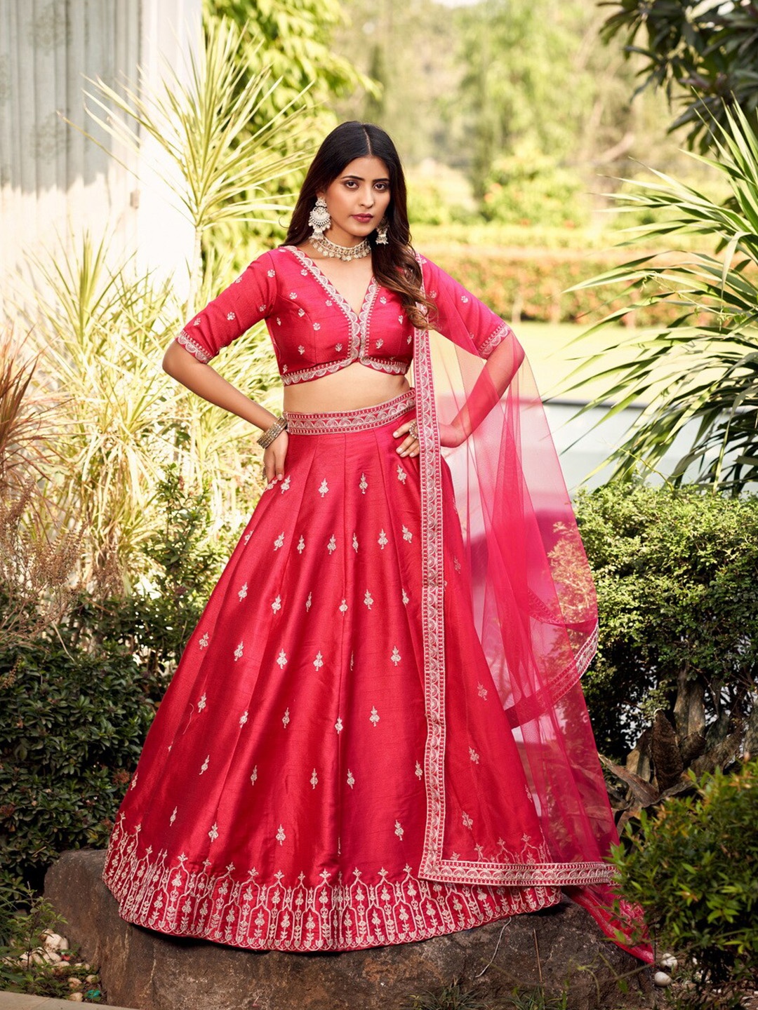 

flaher Embroidered Thread Work Ready to Wear Lehenga & Blouse With Dupatta, Pink