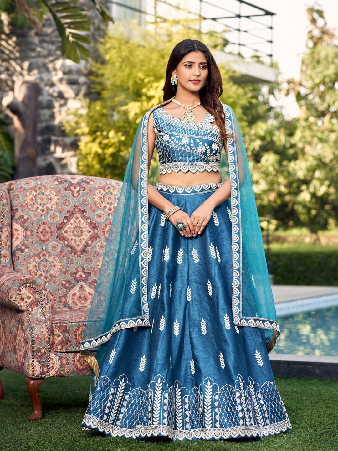 

flaher Embroidered Thread Work Ready to Wear Lehenga & Blouse With Dupatta, Blue