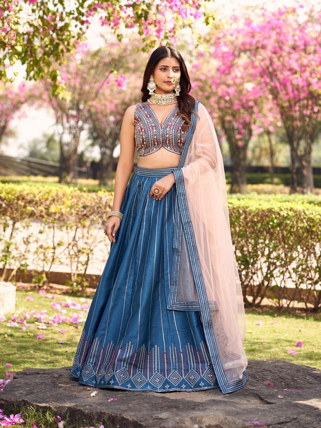 

flaher Embroidered Thread Work Ready to Wear Lehenga & Blouse With Dupatta, Blue