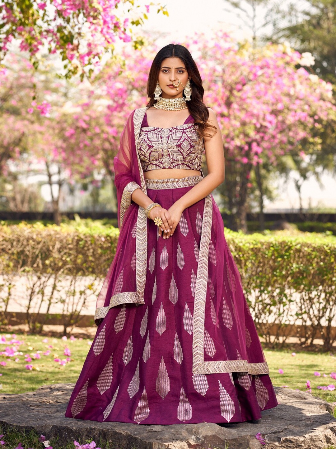 

flaher Embroidered Thread Work Ready to Wear Lehenga & Blouse With Dupatta, Burgundy