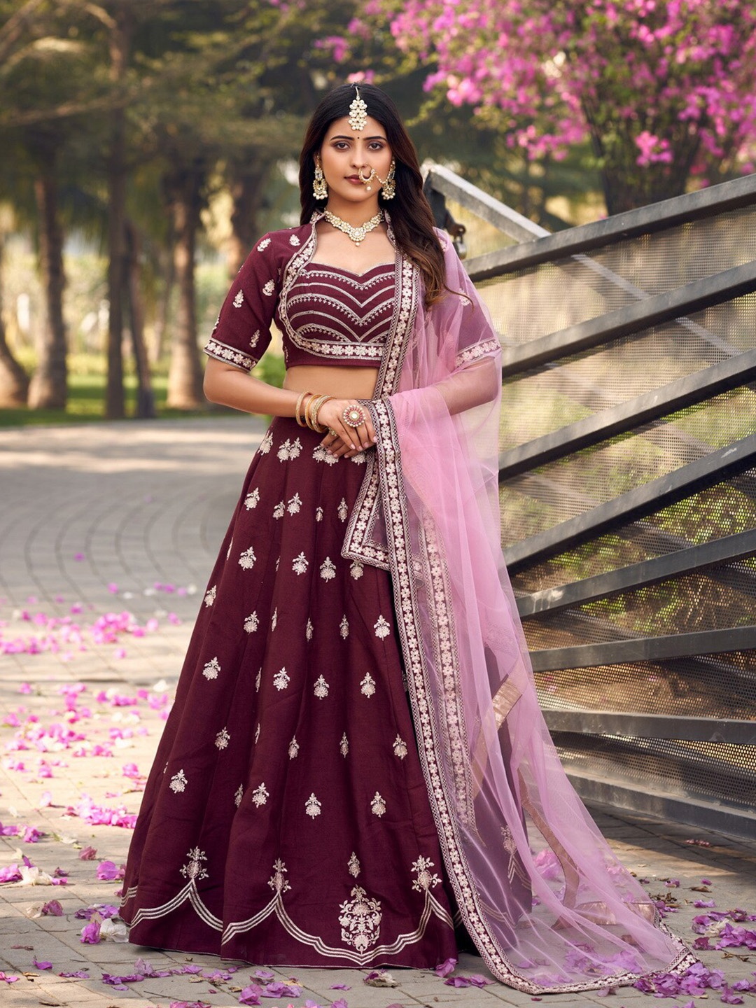 

flaher Embroidered Thread Work Ready to Wear Lehenga & Blouse With Dupatta, Burgundy