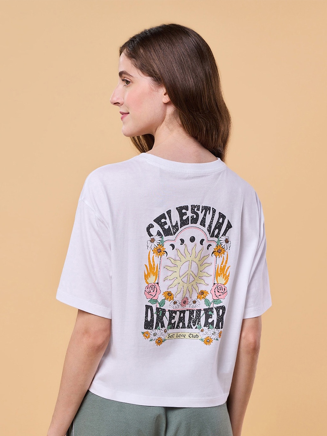 

Enamor Graphic Printed Cotton Drop-Shoulder Sleeves Boxy T-shirt, White