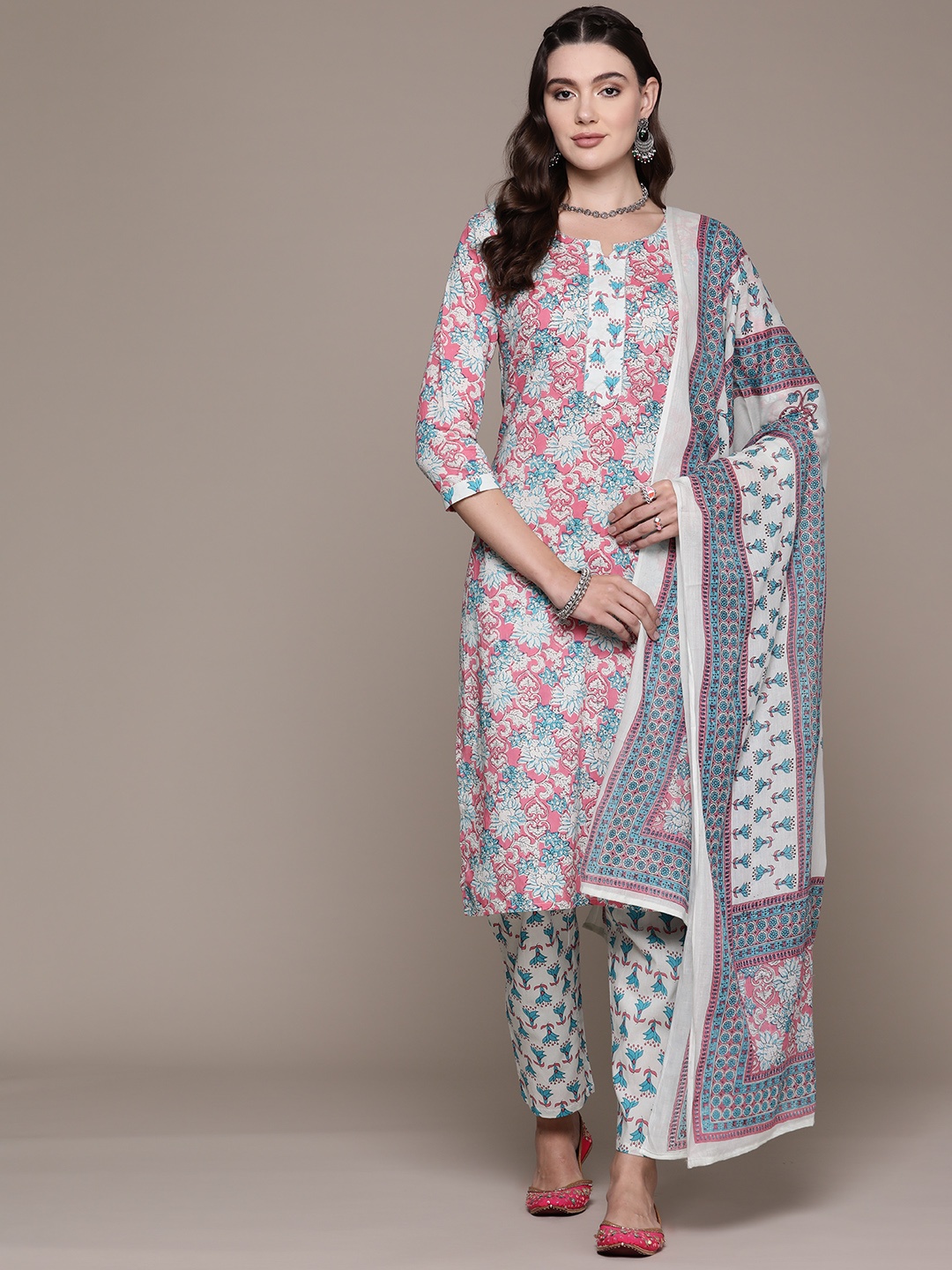 

Readiprint Floral Printed Pure Cotton Kurta with Trousers & Dupatta, Pink