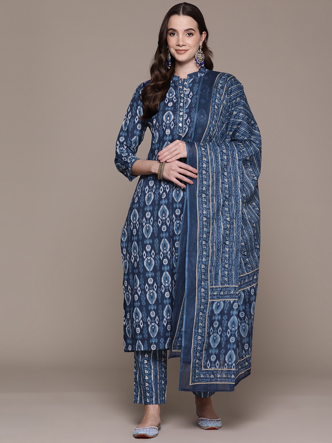 

Readiprint Ethnic Motifs Printed Mirror Work Pure Cotton Kurta Set, Navy blue