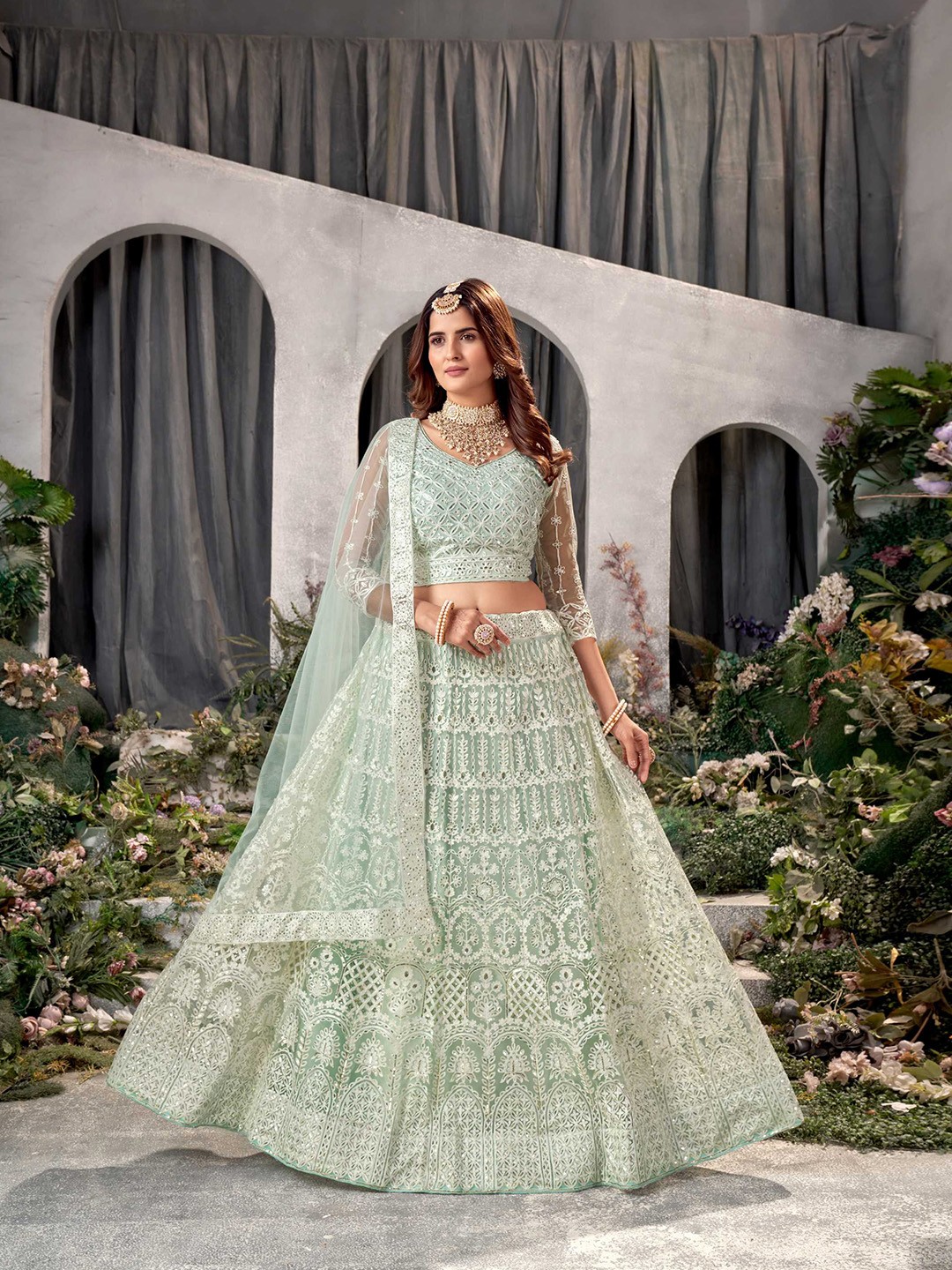 

Panzora Embroidered Thread Work Semi-Stitched Lehenga & Blouse With Dupatta, Blue