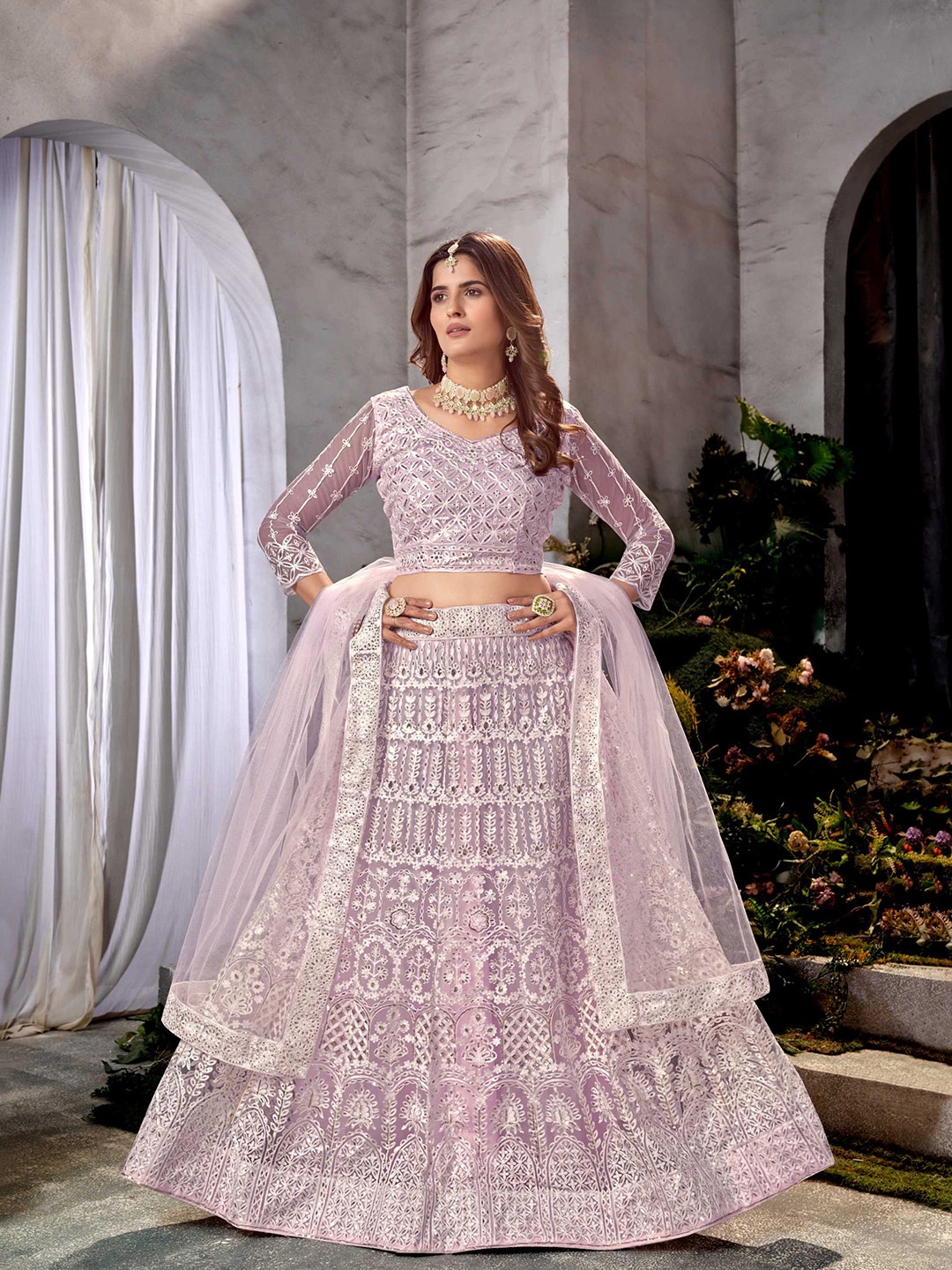 

Panzora Embroidered Sequinned Semi-Stitched Lehenga & Blouse With Dupatta, Lavender