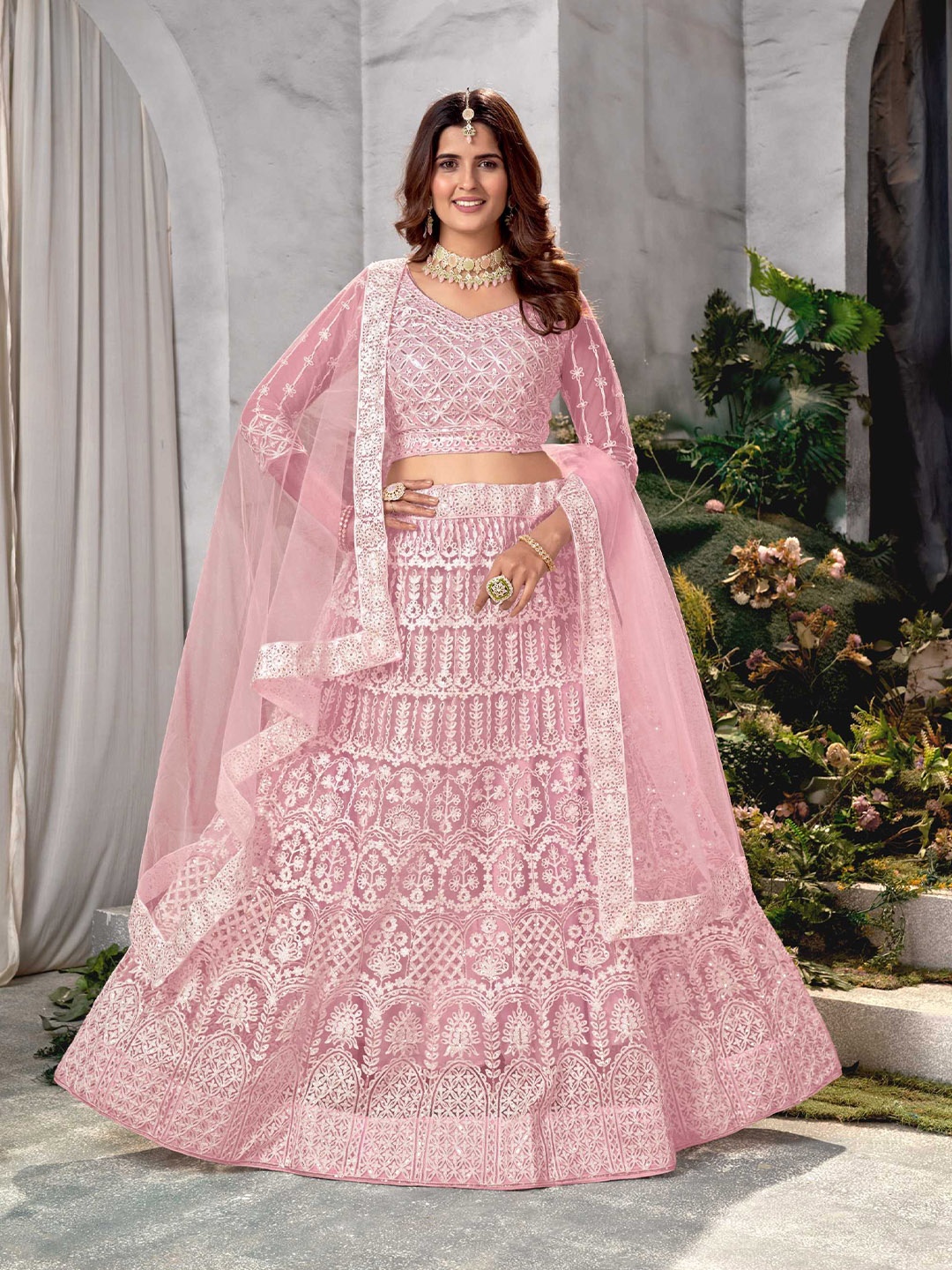 

Panzora Embroidered Thread Work Semi-Stitched Lehenga & Blouse With Dupatta, Pink