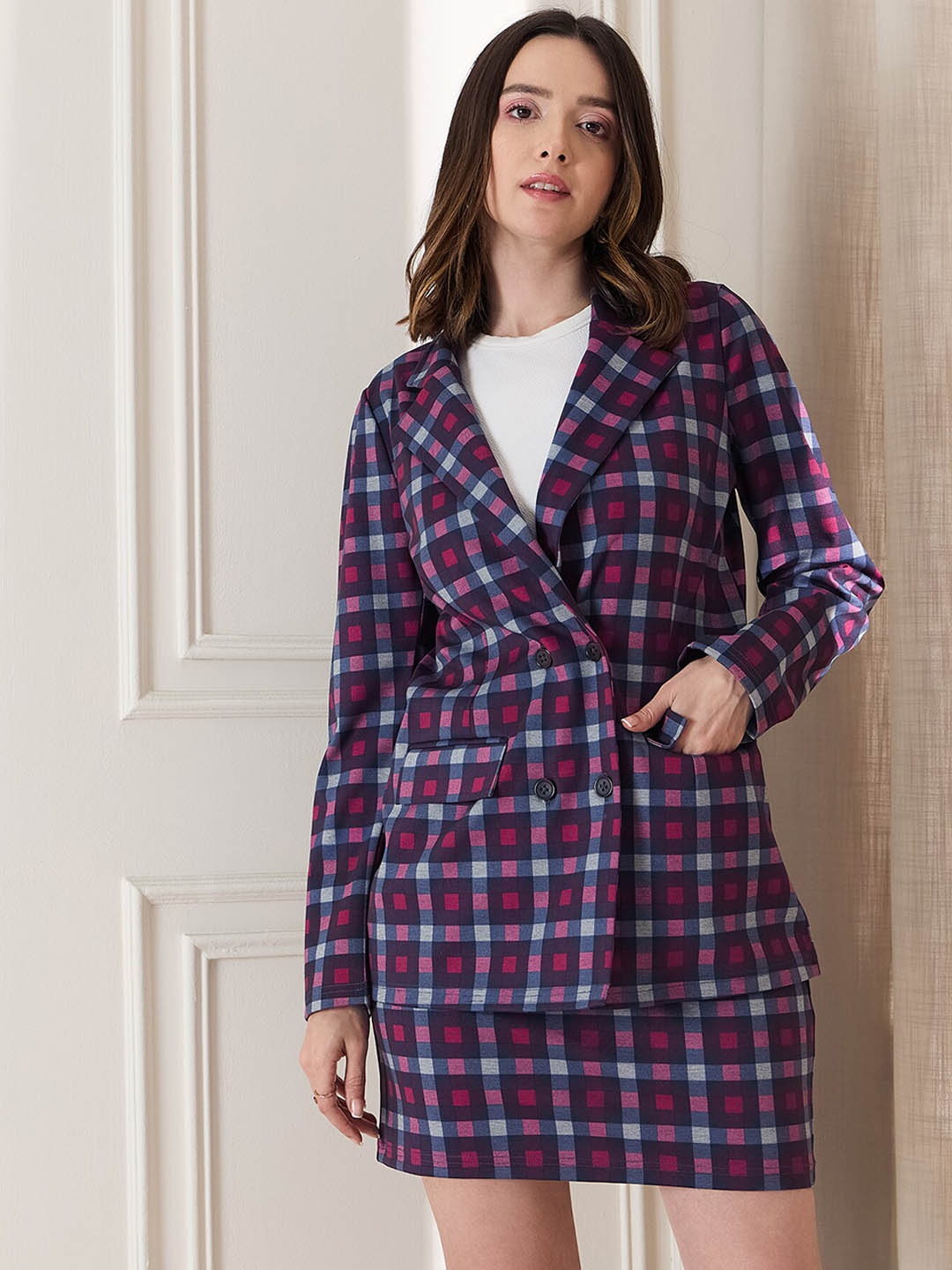 

Berrylush BIZwear Tartan Checked Double Breasted Blazer & Skirt Co-ord Set, Pink