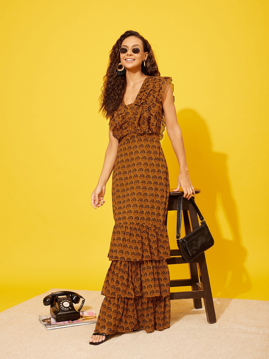 

QUIERO Floral Printed Maxi Dress, Mustard