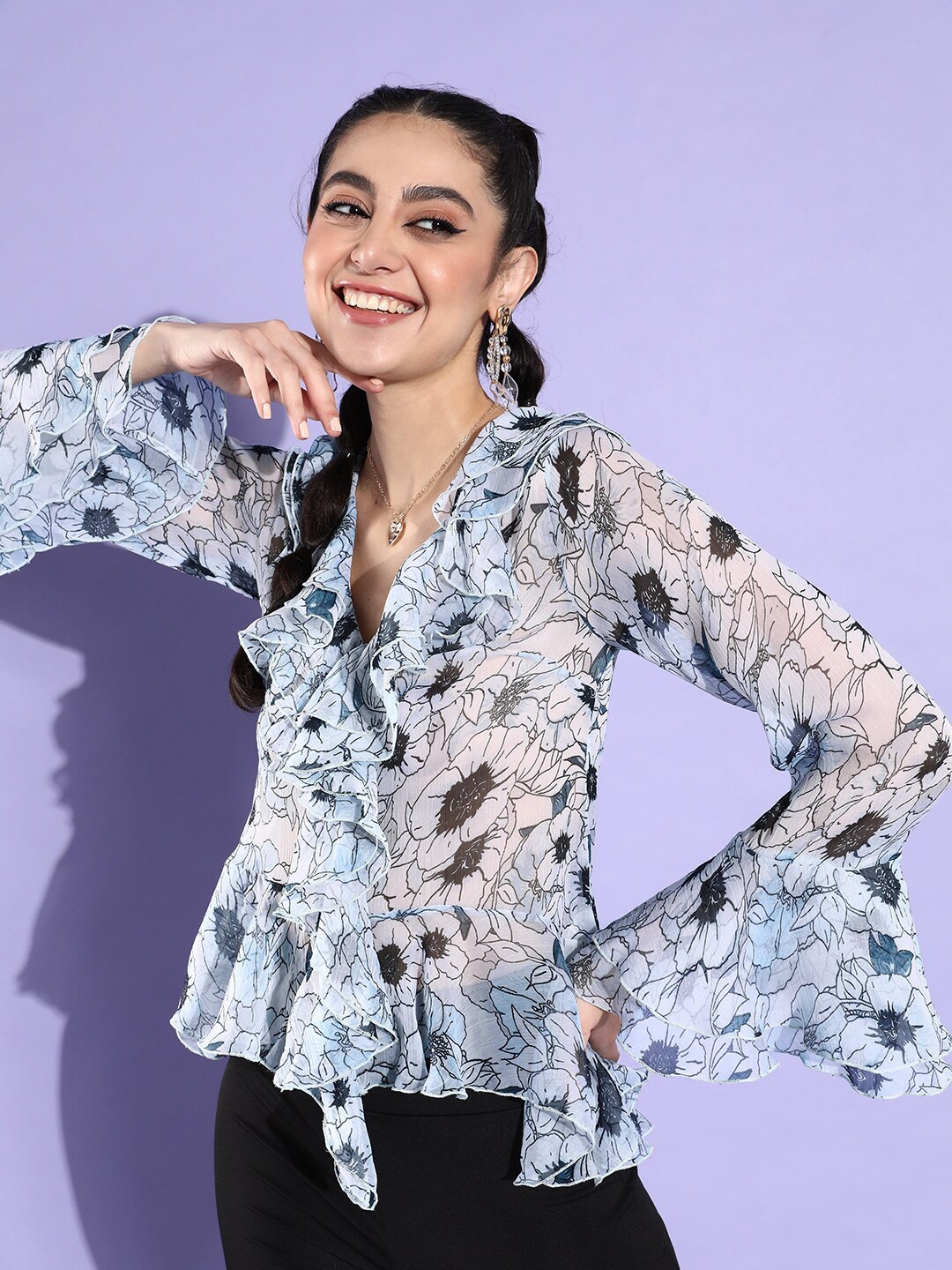 

QUIERO White & Blue Floral Printed Bell Sleeves Ruffles Chiffon Top