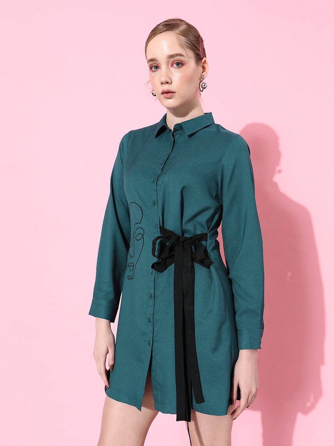 

QUIERO Teal Shirt Collar Cuffed Sleeves Crepe Shirt Dress