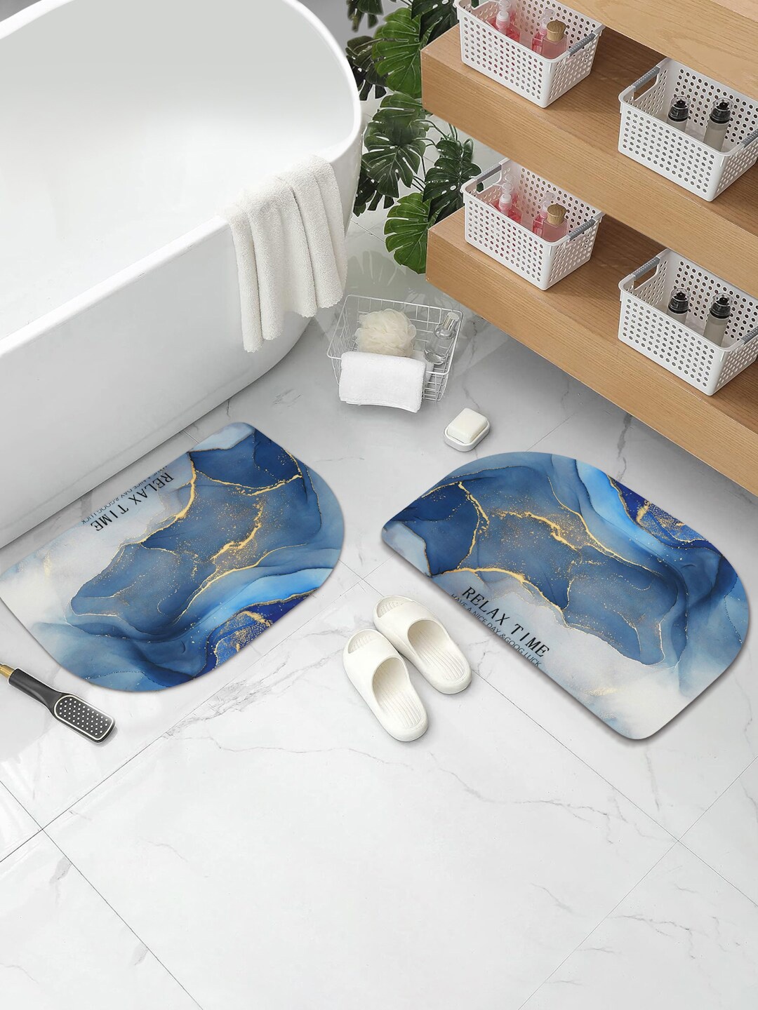Aura 2-Pcs Blue & White Abstract Printed Water Absorbent Bath Rugs