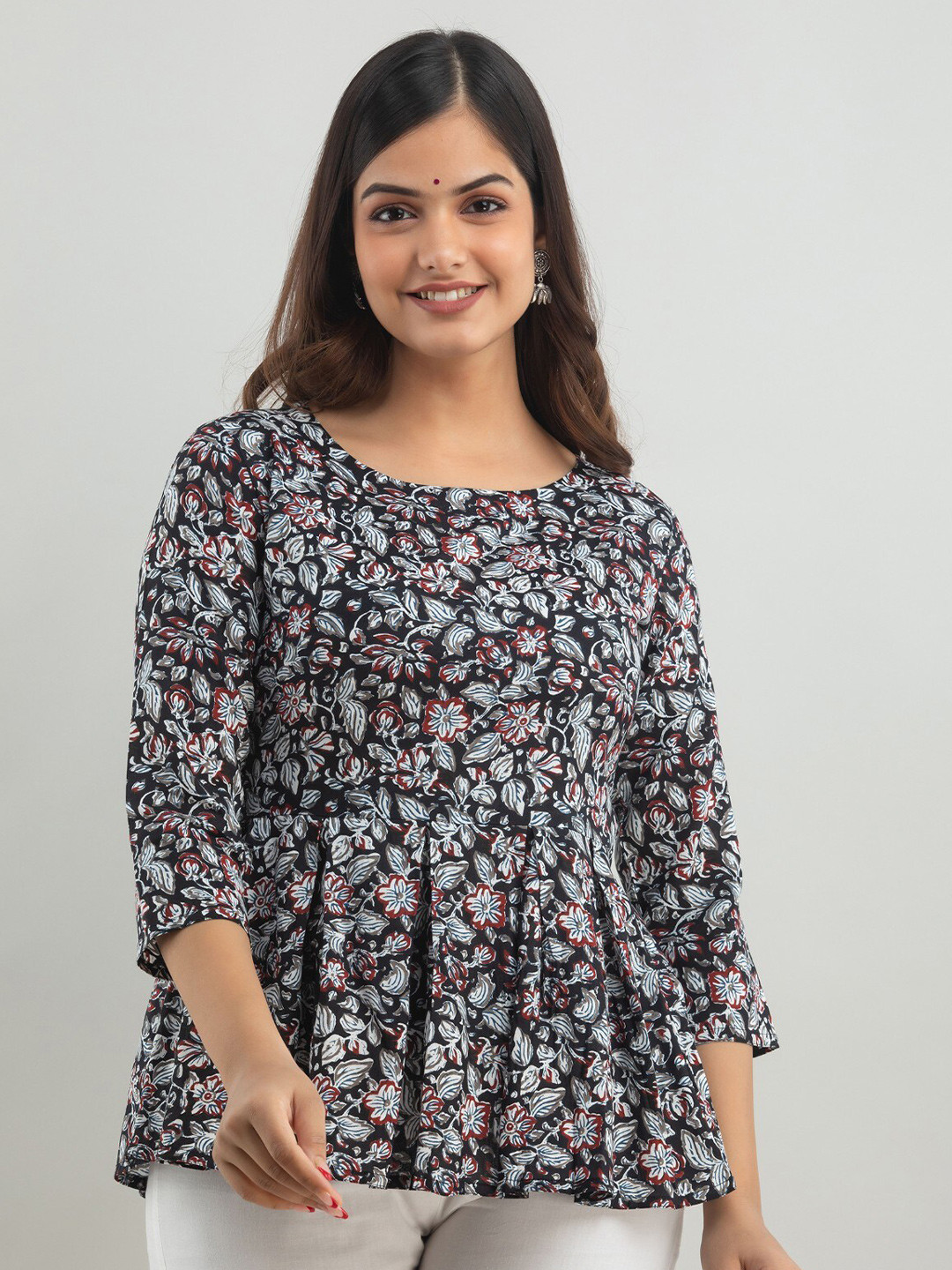 

BAIRAJ Floral Printed Round Neck A-Line Top, Black