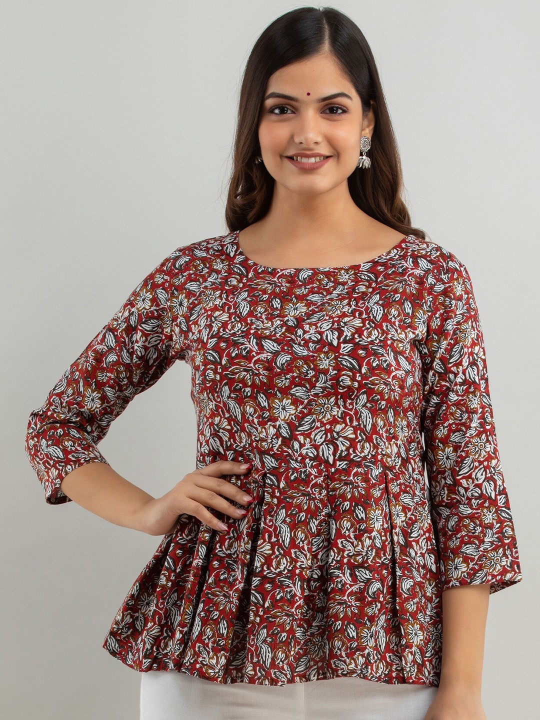 

BAIRAJ Floral Printed Round Neck A-Line Top, Red