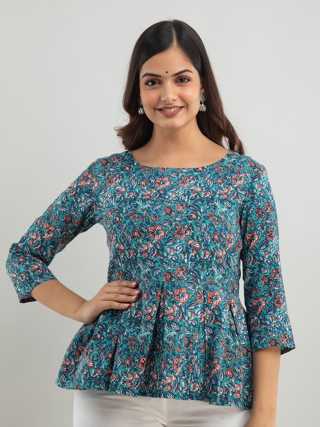 

BAIRAJ Floral Printed Pleated Peplum Top, Blue