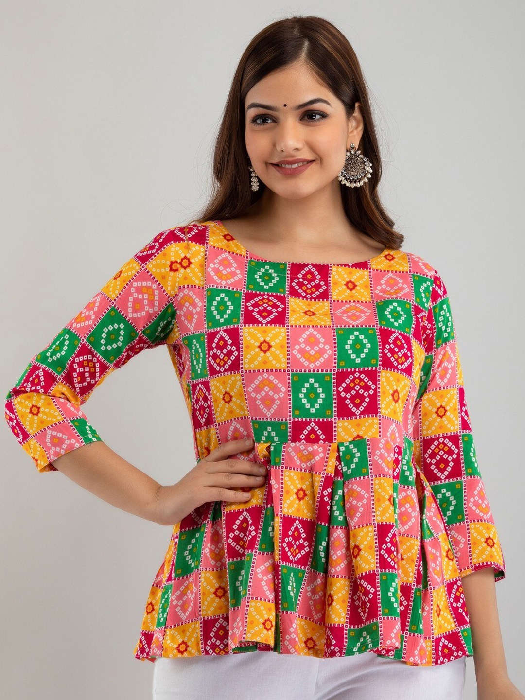 

BAIRAJ Ethnic Motifs Printed Pleated Ethnic A-Line Top, Pink