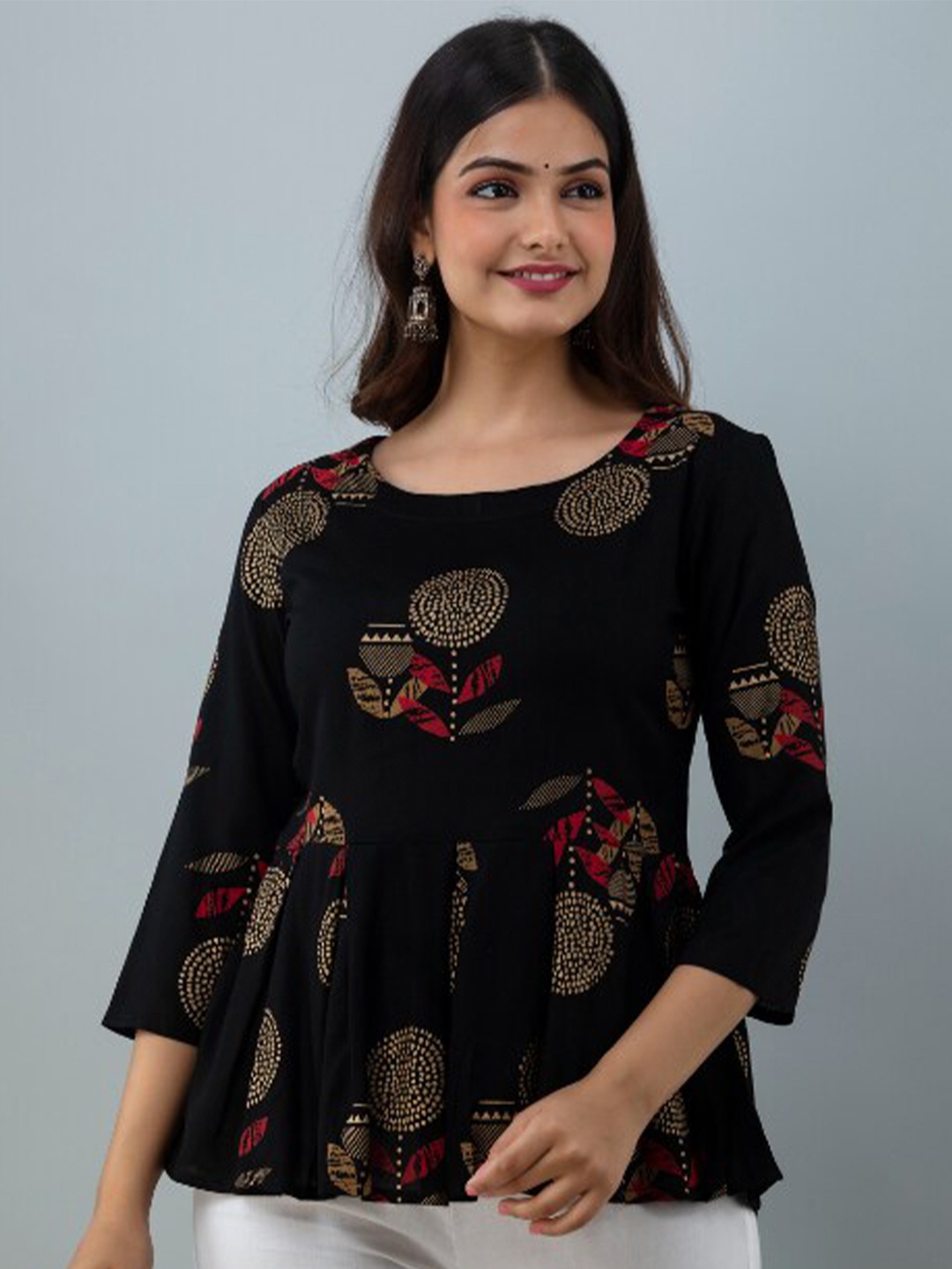 

BAIRAJ Floral Printed Pleated A-Line Top, Black