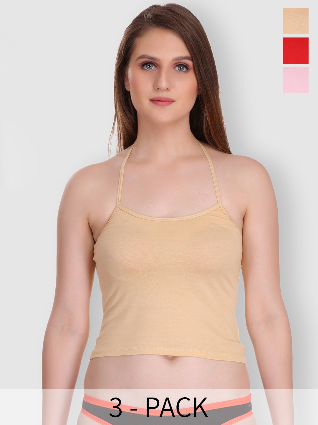 

Selfcare Pack of 2 Solid Cotton Short Slip Halter Neck Camisoles - SN0380, Beige