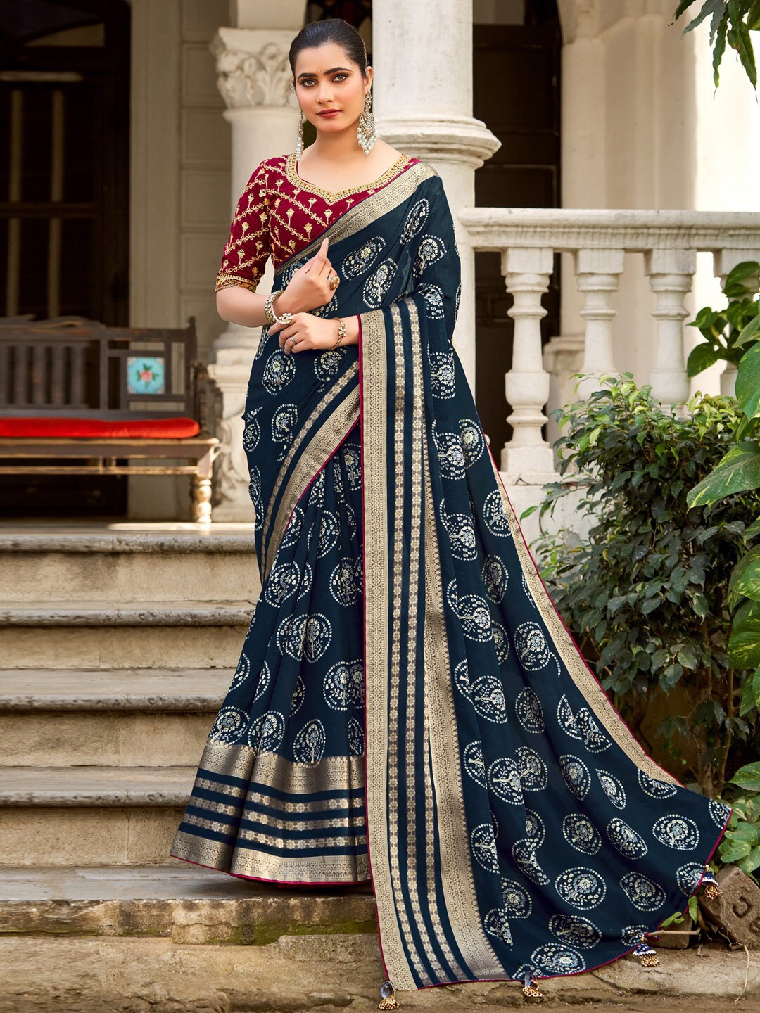 

Saree mall Ethnic Motifs Zari Silk Sarees, Teal