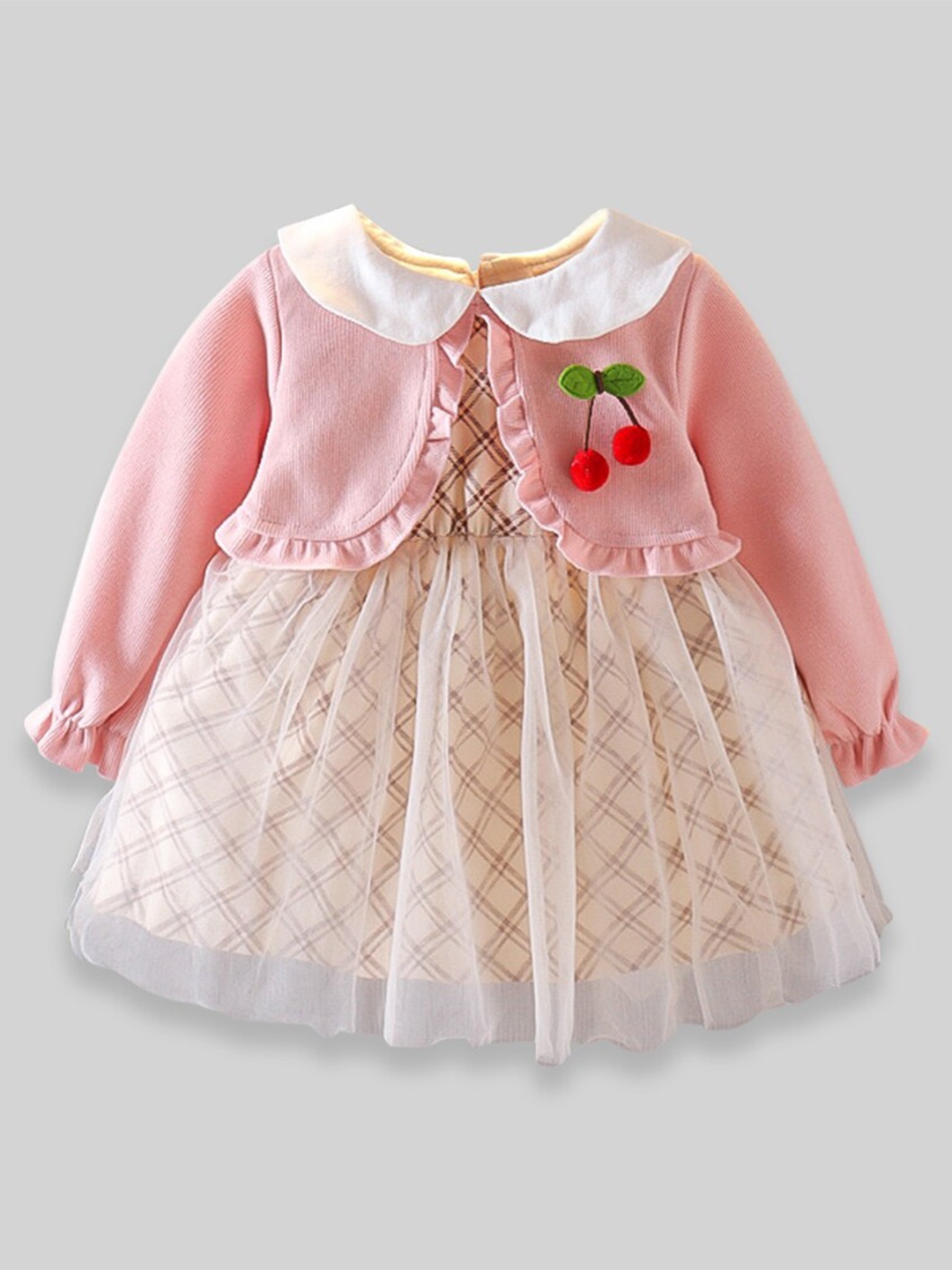 

INCLUD Girls Checked Layered Fit & Flare Cotton Dress & Shrug, Pink
