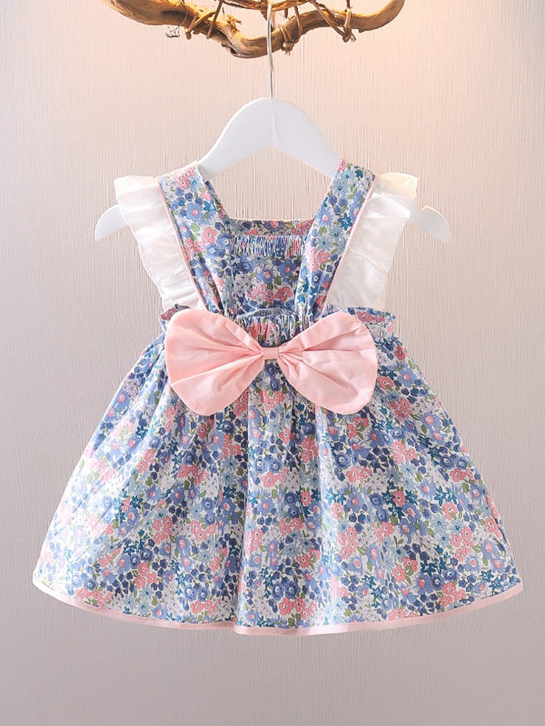 INCLUD Girls Floral Print Bow Cotton Fit and Flare Dress, Blue