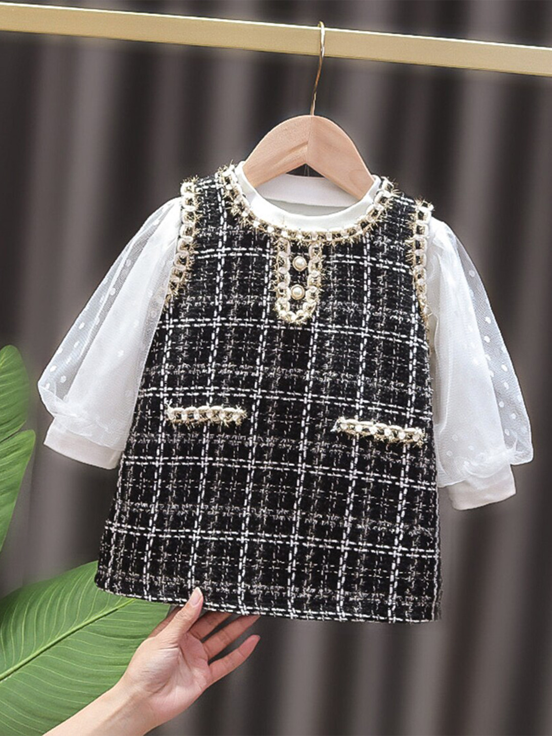 

INCLUD Girls Checked Puff Sleeve Cotton A-Line Dress, Black