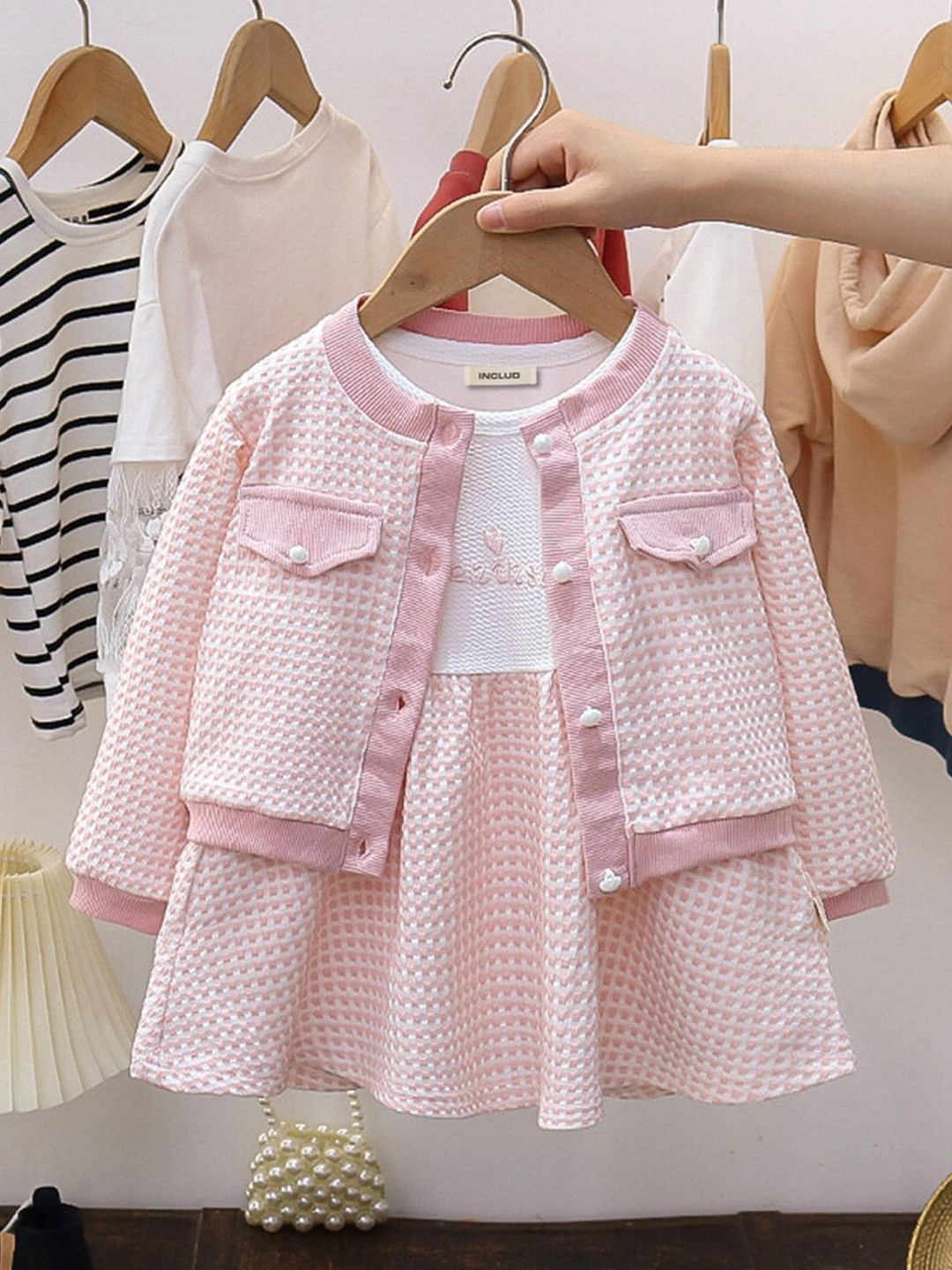 

INCLUD Girls Self Design A-Line Dress with Cardigan, Pink