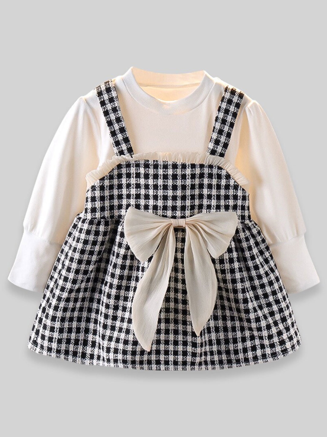 

INCLUD Girls Checked Bow Cotton Pinafore Dress, Black