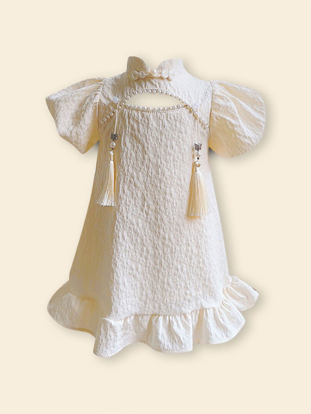 

INCLUD Girls Self Design Puff Sleeves Cut Outs Cotton A-Line Dress, Beige