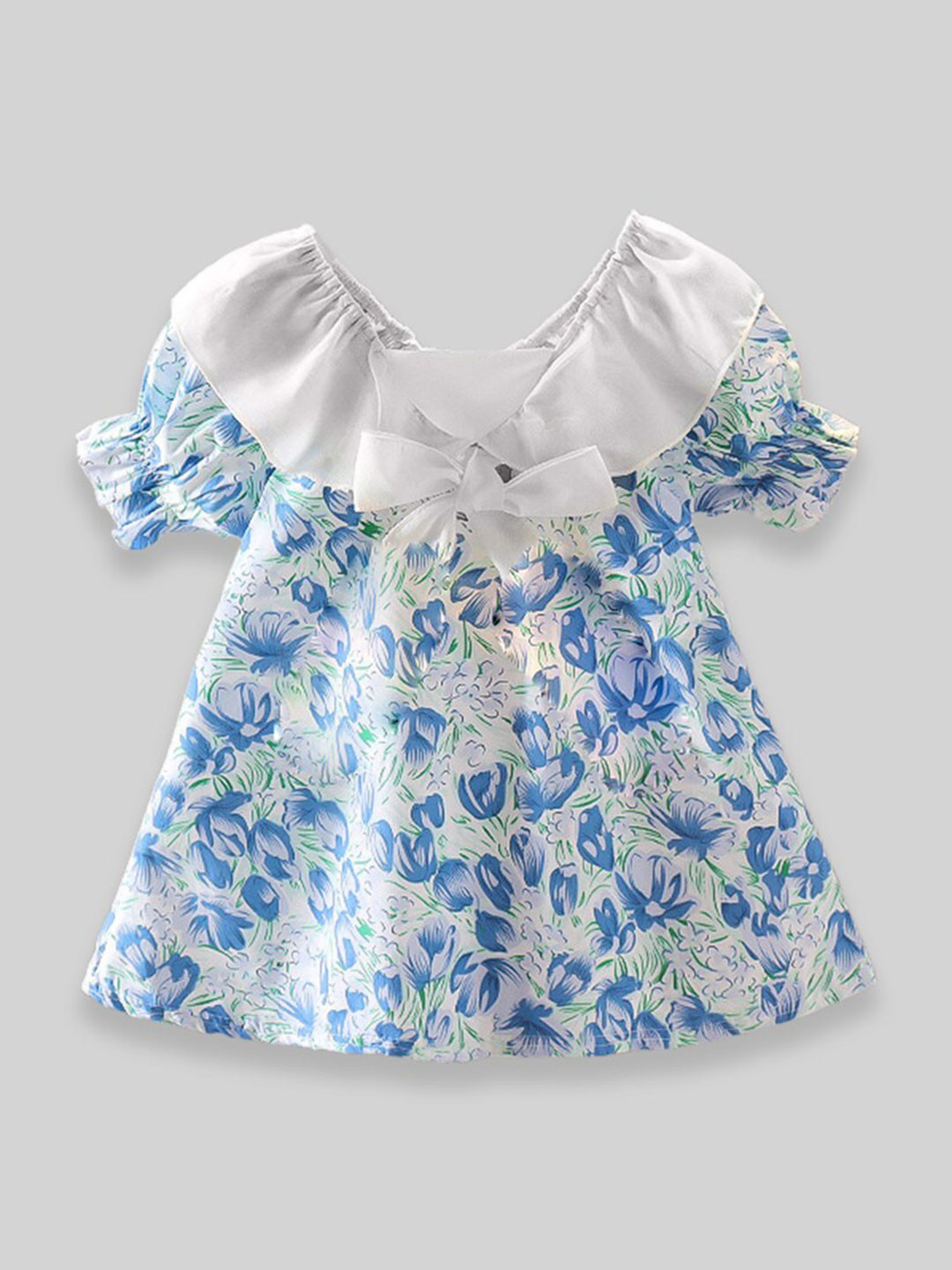

INCLUD Girls Floral Printed Square Neck Puff Sleeves A-Line Dress, Blue