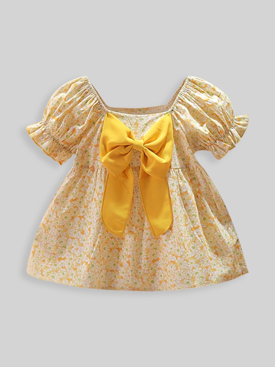 

INCLUD Girls Floral Print Puff Sleeves Bow Detail Cotton Fit & Flare Dress, Yellow