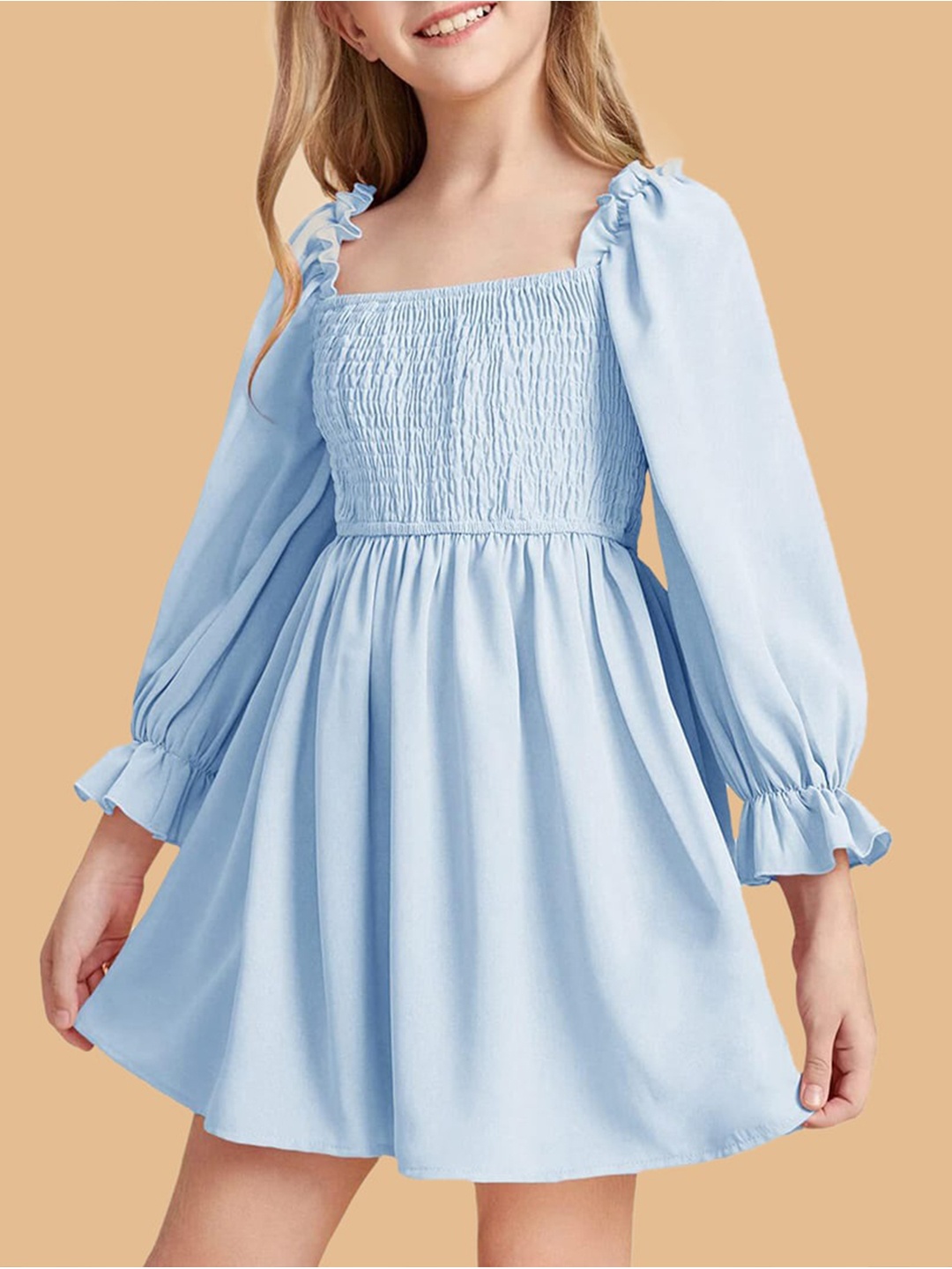 

INCLUD Smocked Square Neck Puff Sleeve Fit & Flare Mini Dress, Blue