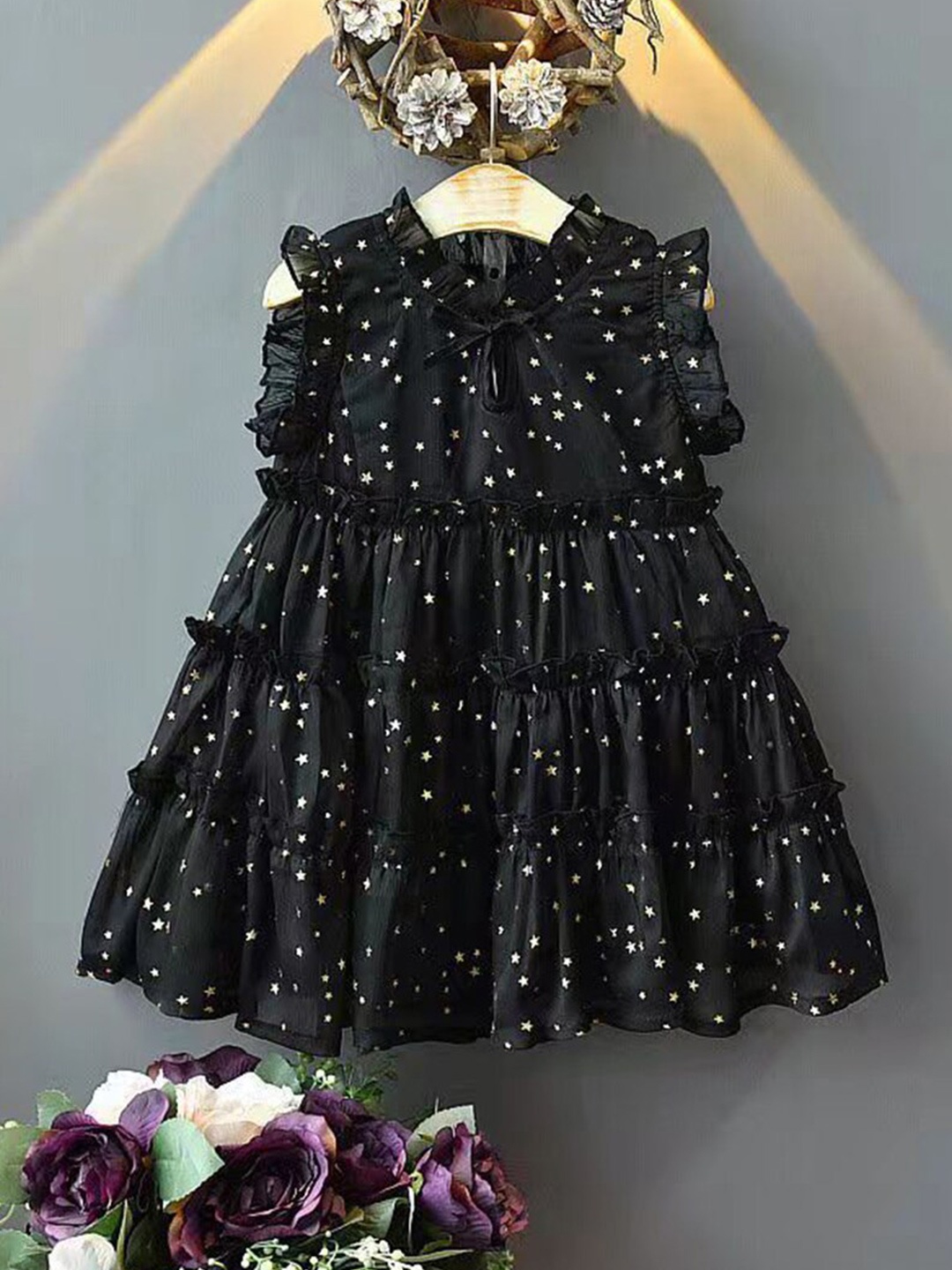 

INCLUD Girls Stars Printed Ruffled Tiered Fit & Flare Dress, Black