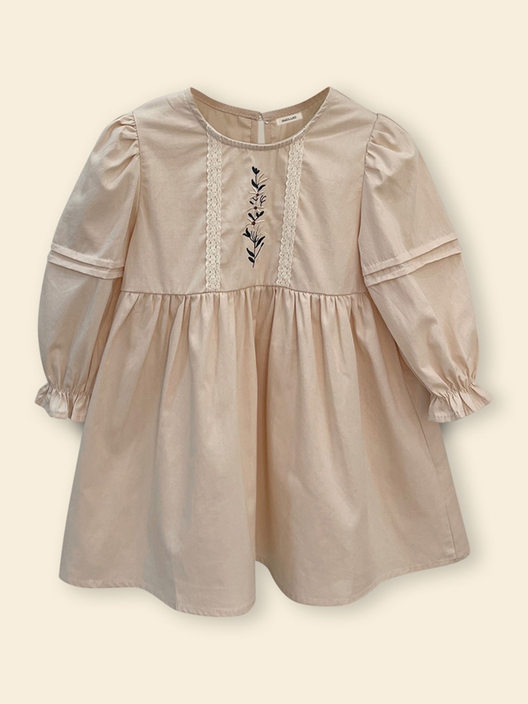 

INCLUD Girls Round Neck Long Puff Sleeves Fit & Flare Dress, Beige