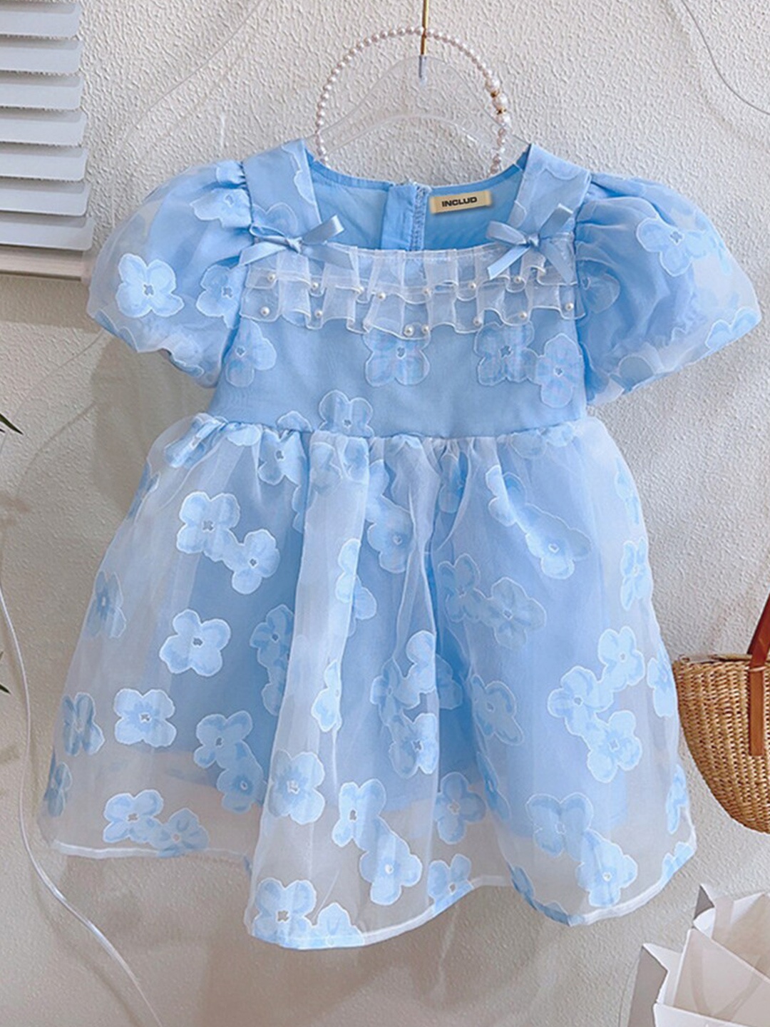 

INCLUD Girls Floral Printed Square Neck Cap Sleeve Fit & Flare Dress, Blue