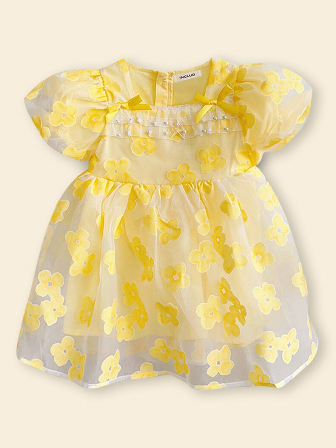 

INCLUD Girls Floral Print Puff Sleeve Fit & Flare Dress, Yellow
