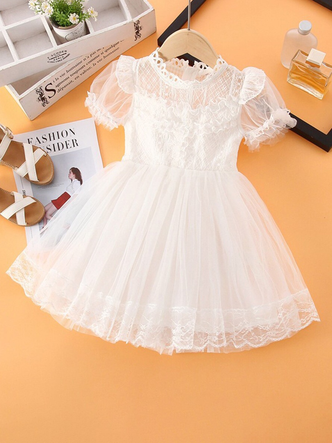 

INCLUD Girls Self Design Round Neck Puff Sleeve Fit & Flare Party Dress, White