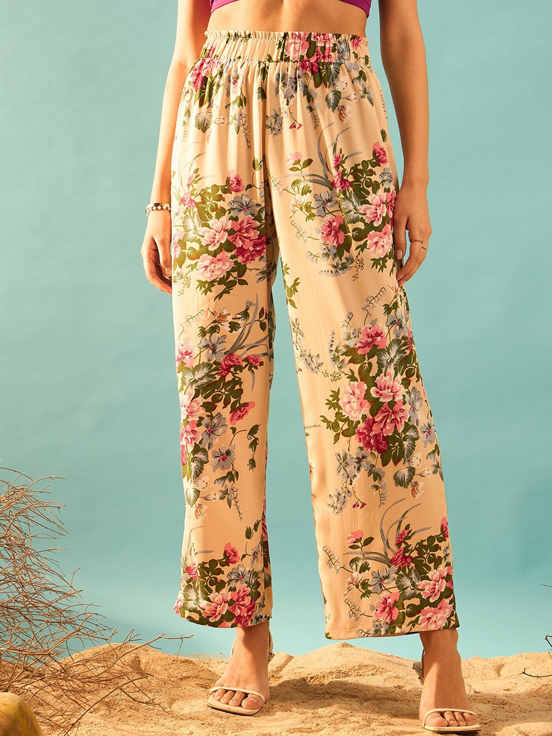 

Berrylush Women Beige Floral Printed Relaxed Loose Fit High-Rise Parallel Trousers