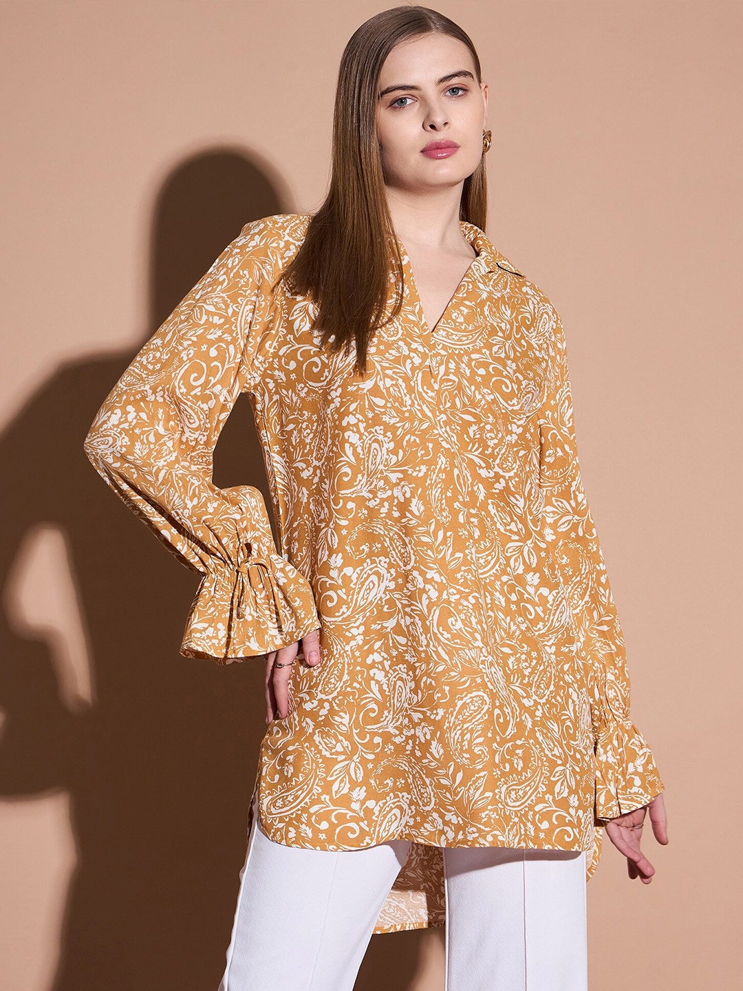 

DressBerry Mustard Ethnic Motifs Printed Mandarin Collar Top