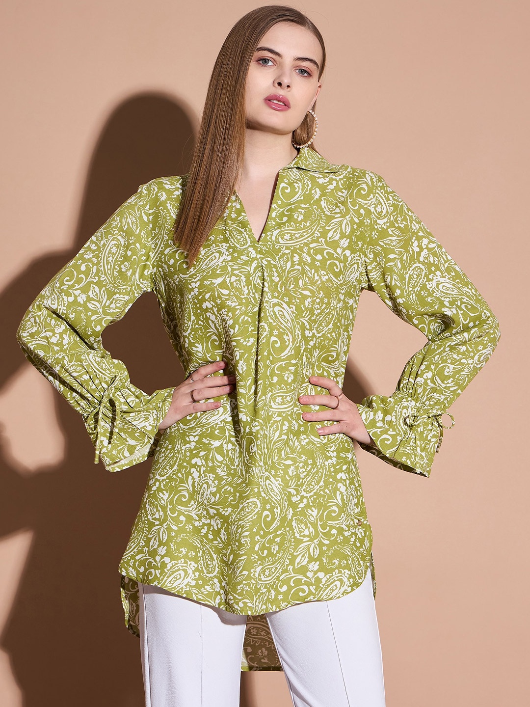 

DressBerry Floral Printed Mandarin Collar Shirt Style Top, Lime green