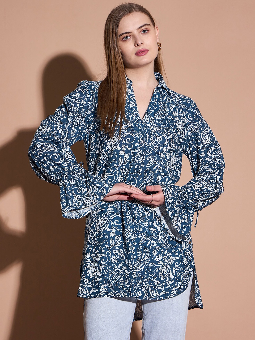 

DressBerry Floral Print Mandarin Collar Top, Navy blue