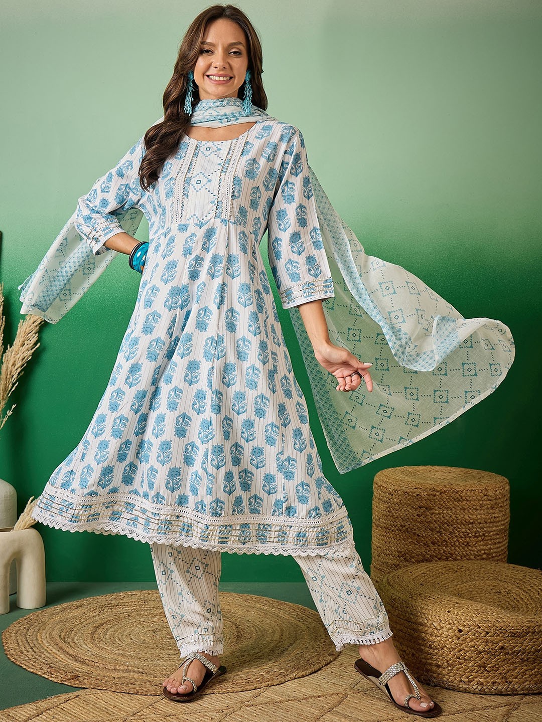 

Sangria Floral Printed Round-Neck Kurta With Trousers & Dupatta, Blue