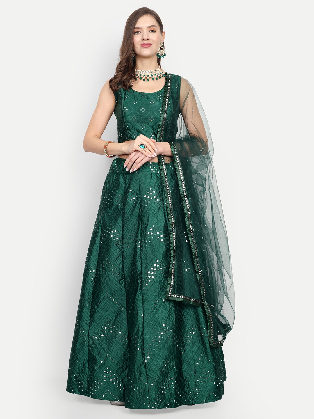 

Cute fellow Embroidered Sequinned Semi-Stitched Lehenga & Unstitched Blouse With Dupatta, Green