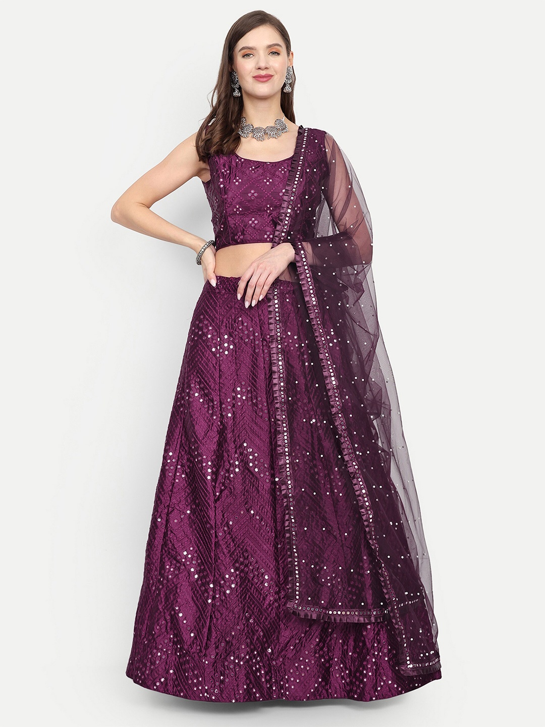 

Cute fellow Embroidered Sequinned Semi-Stitched Lehenga & Unstitched Blouse With Dupatta, Purple